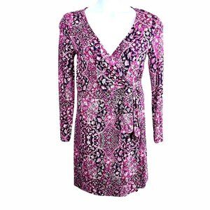 Artisan NY Floral Wrap Dress Size M Pink Purple Navy Long Sleeve Rayon Blend EUC